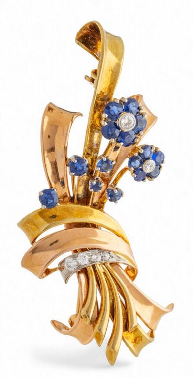 14k Gold Sapphire and Diamond Brooch
