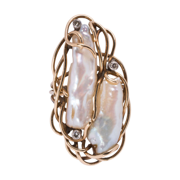 14k Gold Pearl and Diamond Ring