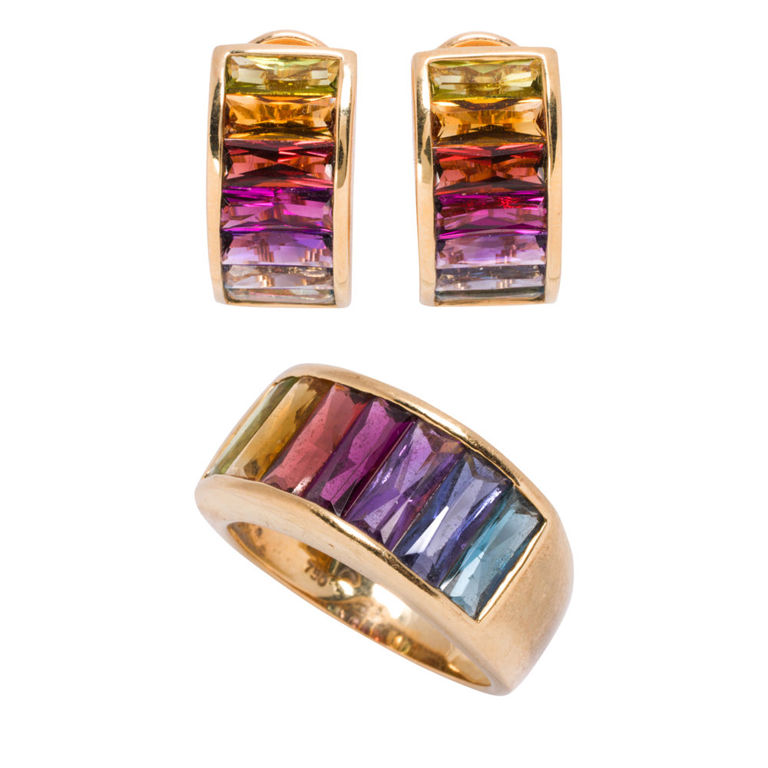 18k Gold Multi-Stone Ring and Earrings