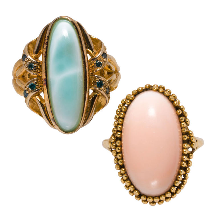Gold Larimar and Coral Rings