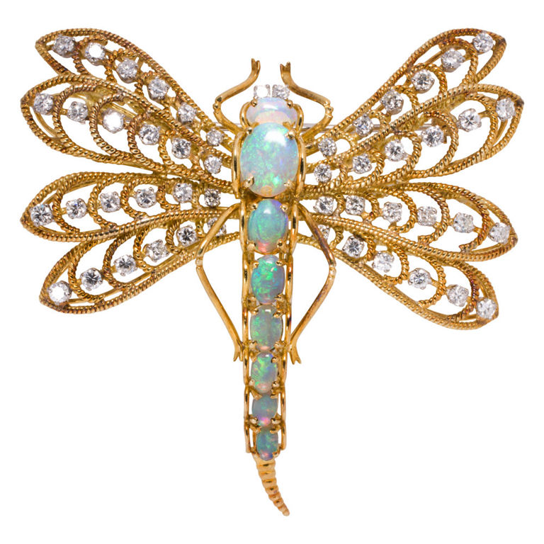 14k Gold Opal and Diamond Brooch