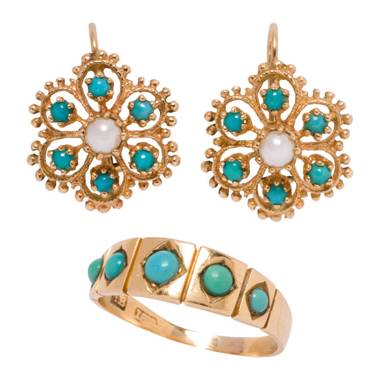 14k Gold Turquoise Pearl Ring and Earrings
