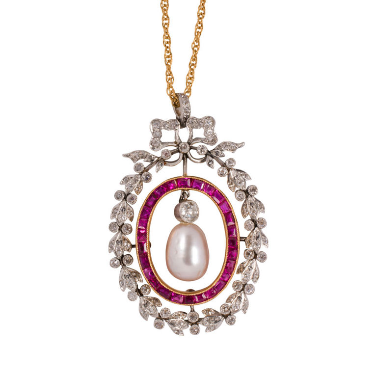 Gold, Platinum, Diamond and Ruby Pendant Necklace