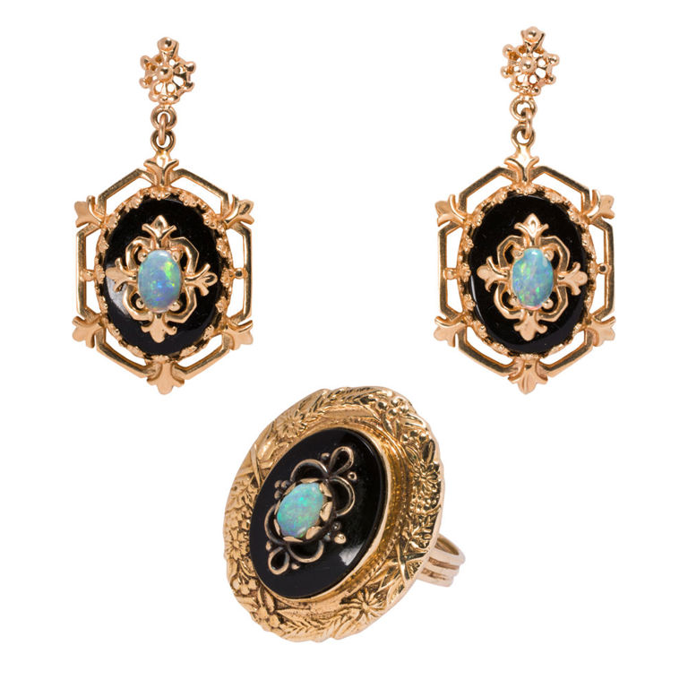 14k Gold Onyx Opal Ring and Earrings