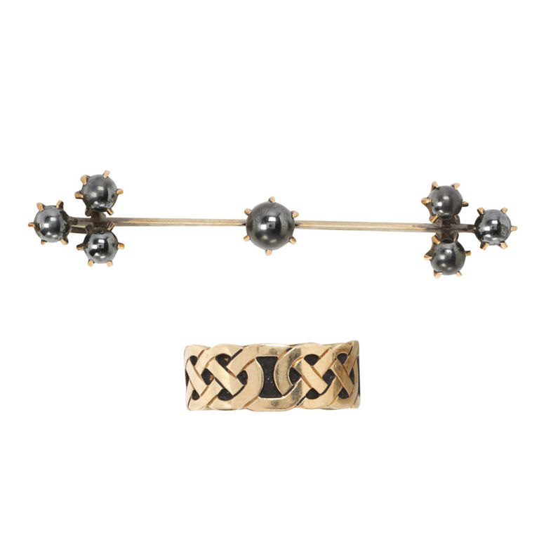14k Gold Hematite Brooch and Ring