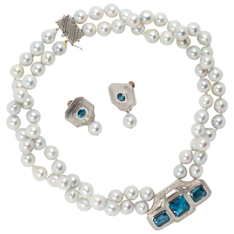 Gold Platinum Pearl and Topaz Jewelry Set