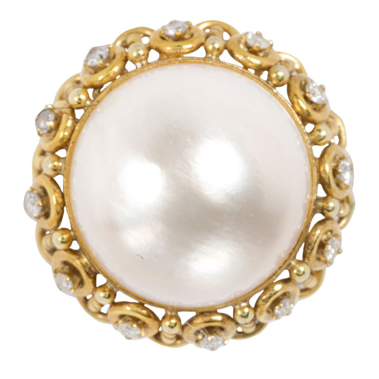 14k Gold Pearl and Diamond Ring