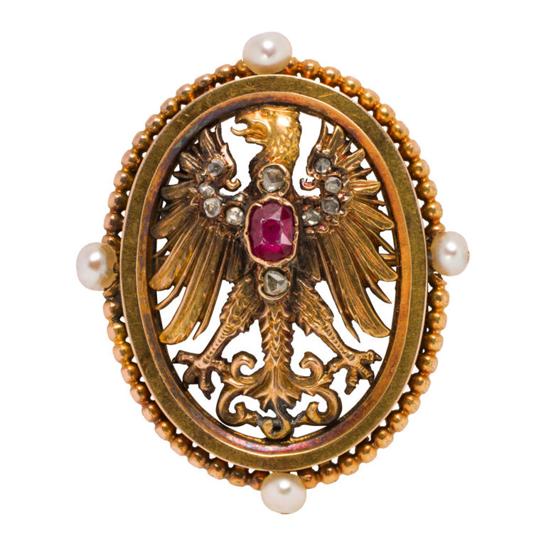 14k Gold Ruby Diamond and Pearl Brooch