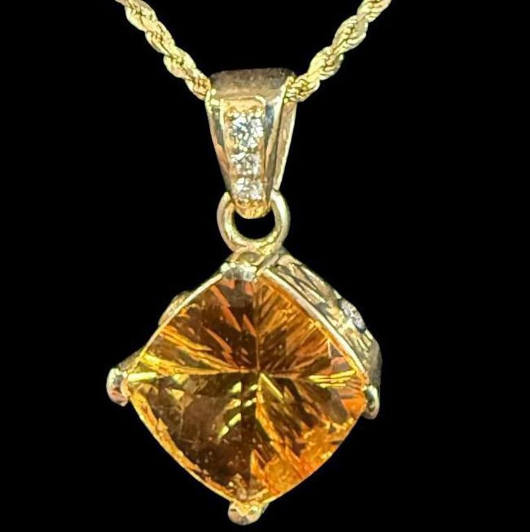 14k Gold Citrine and Diamond Pendant Necklace