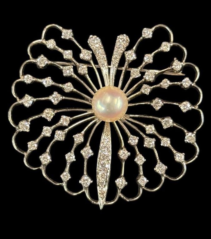 14k Gold Diamond and Pearl Brooch