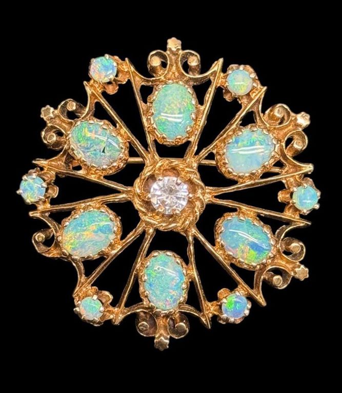 14k Gold Diamond and Opal Brooch
