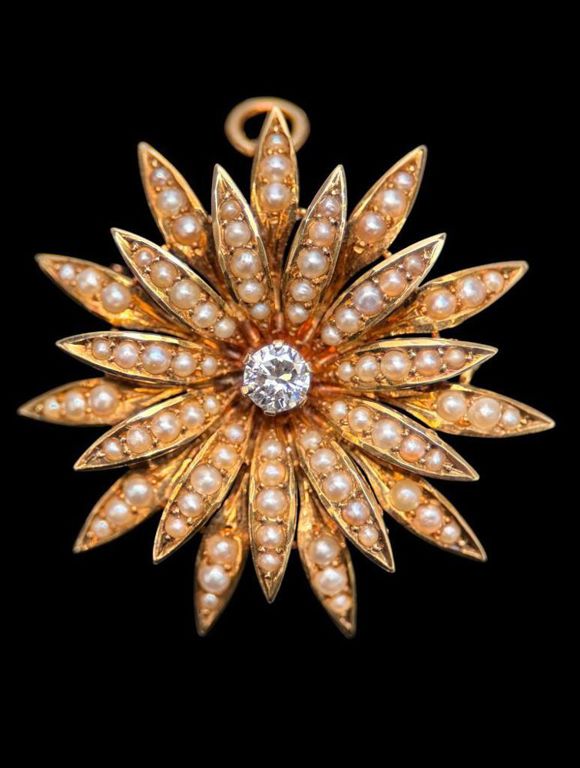 14k Gold Diamond and Pearl Brooch