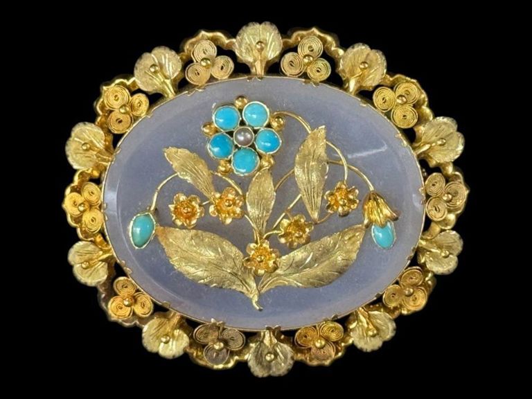 14k Gold Chalcedony Agate and Turquoise Brooch