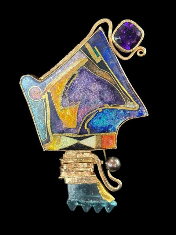 Gold Silver Amethyst Pearl and Glass Brooch