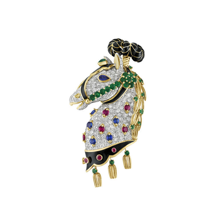 18k Gold and Platinum Multi-Gem Horse Brooch