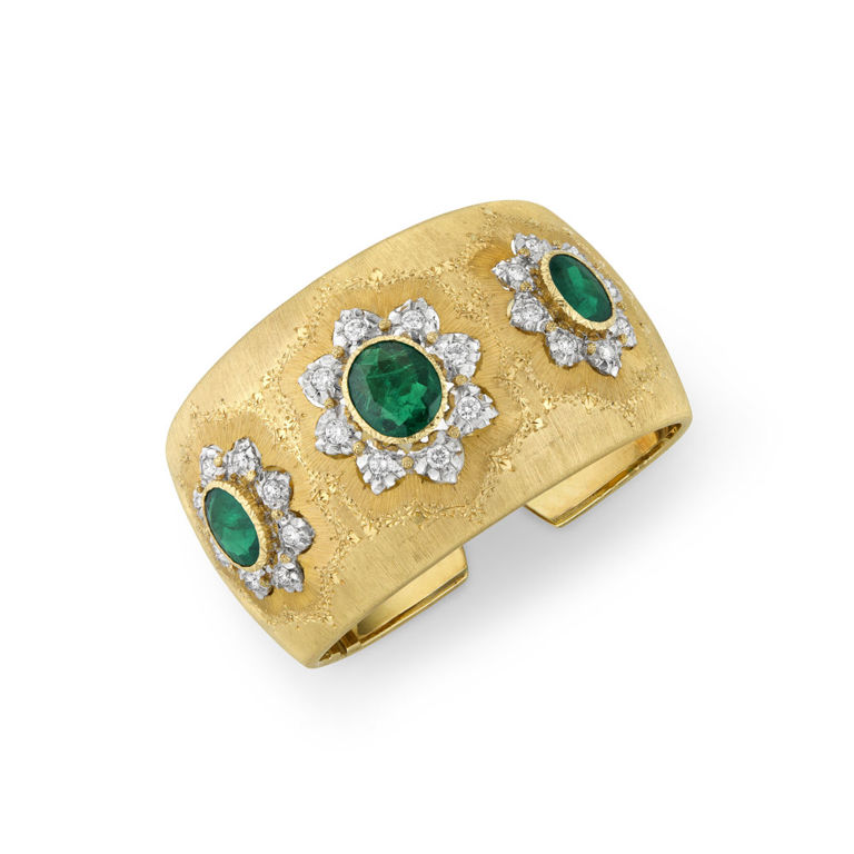 18k Gold Emerald and Diamond Cuff Bracelet