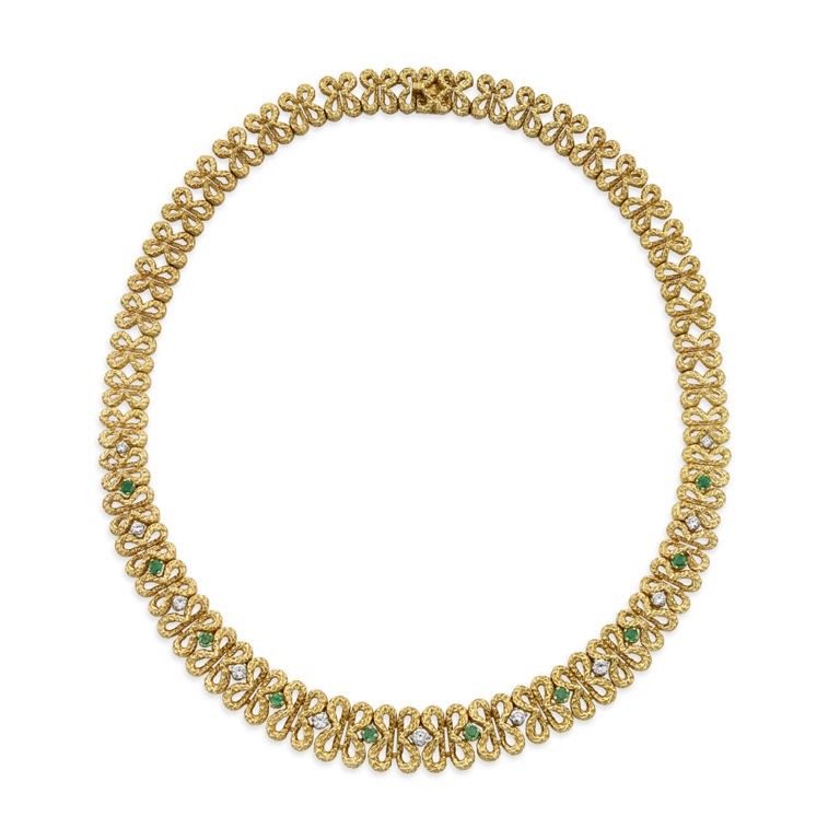 18k Gold and Platinum Emerald and Diamond Necklace