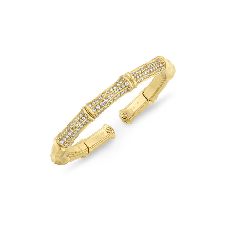 18k Yellow Gold Diamond Bamboo Cuff Bracelet