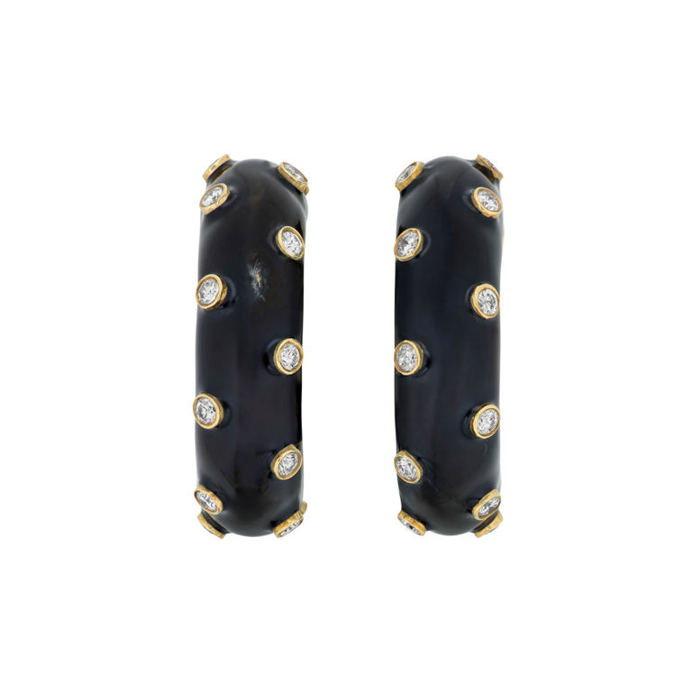 18k Yellow Gold Diamond and Enamel Hoop Earrings