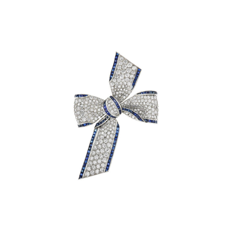 Platinum Sapphire and Diamond Bow Brooch
