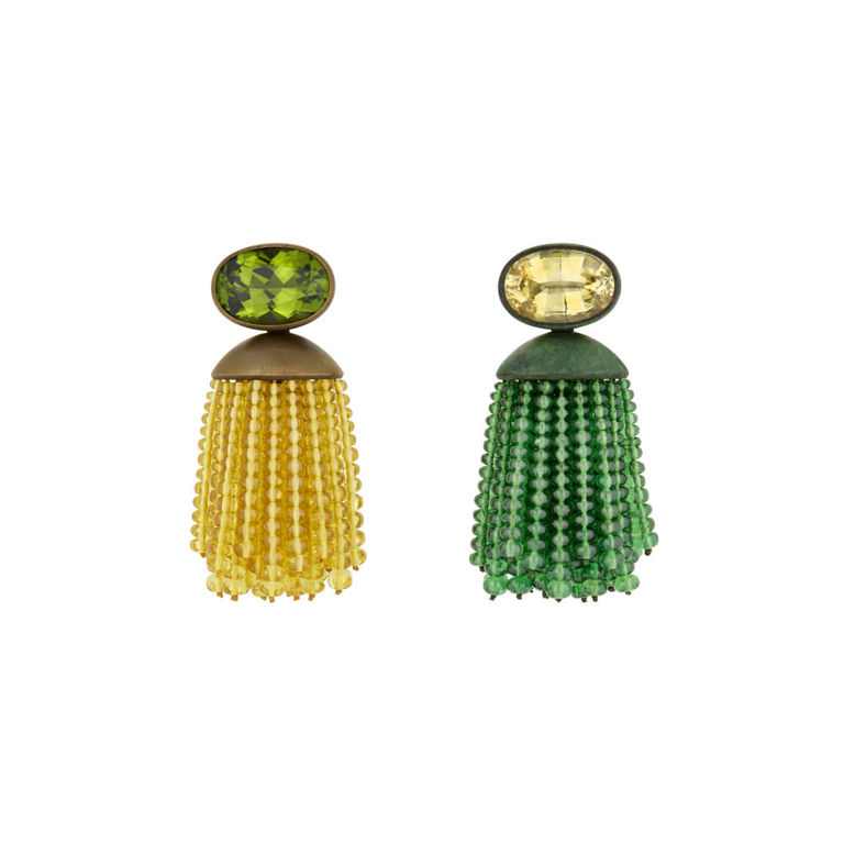 Bronze and 18k Gold Multi-Gem Tassel Earrings