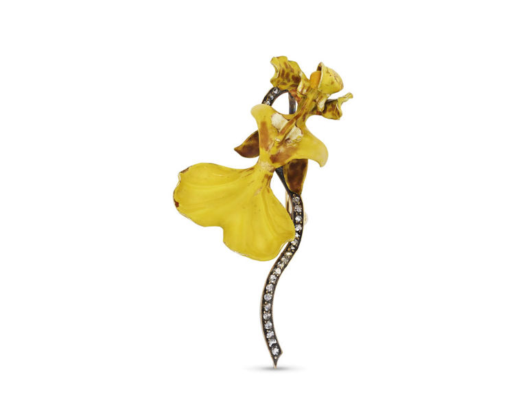 Yellow Gold Enamel and Diamond Orchid Brooch