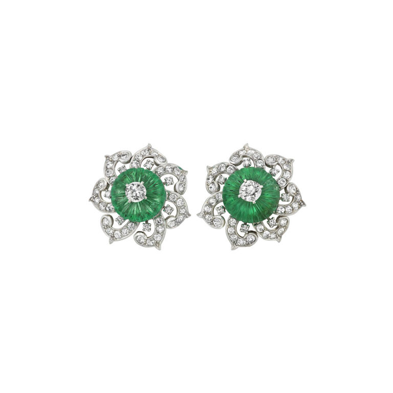 Platinum and Gold Emerald and Diamond Earrings