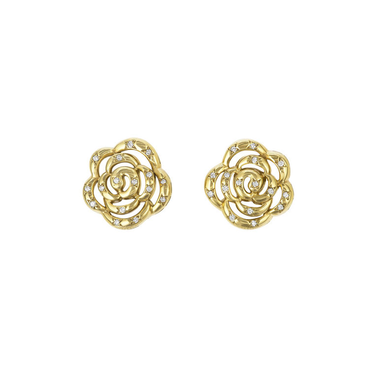 18k Yellow Gold Diamond Camellia Earrings