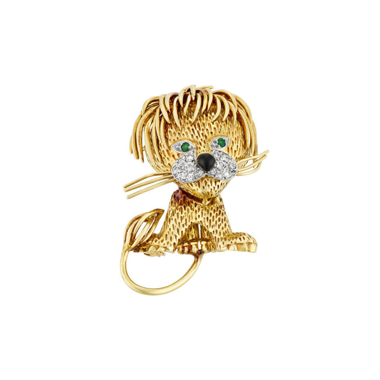 Gold and Platinum Emerald, Onyx and Diamond Brooch