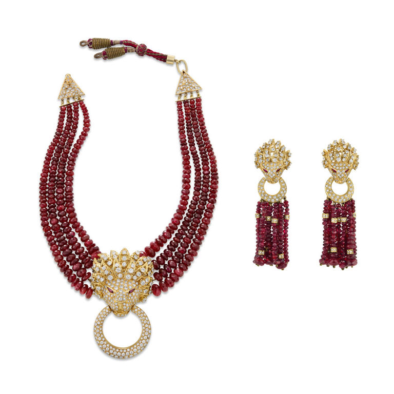 Yellow Gold Spinel, Ruby and Diamond Jewelry Set