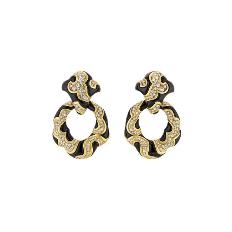 18k Gold Diamond and Onyx Pendant Earrings