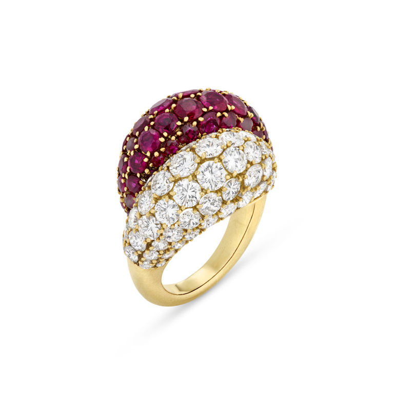 18k Yellow Gold Ruby and Diamond Double Boule Ring