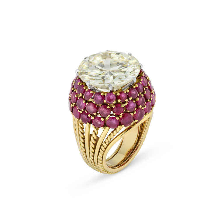 Yellow Gold and Platinum Diamond and Ruby Ring