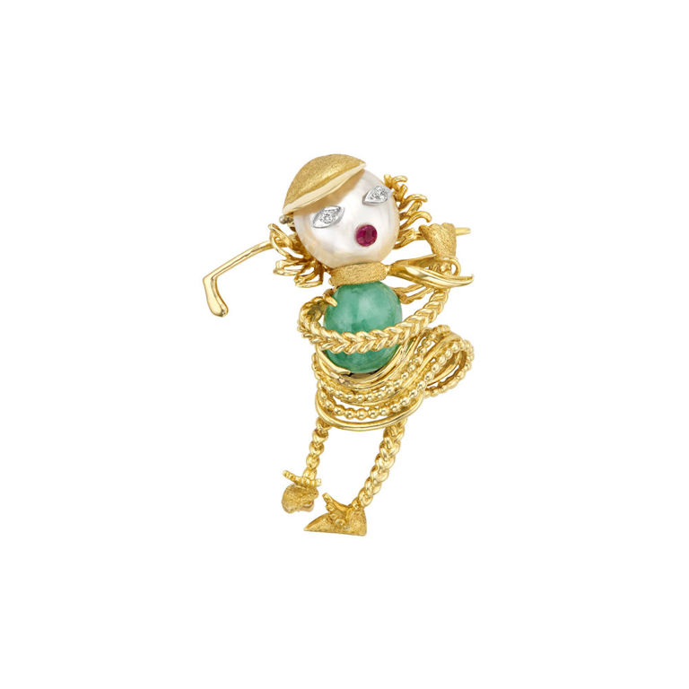 Yellow and White Gold Multi-Gem Golfer Brooch