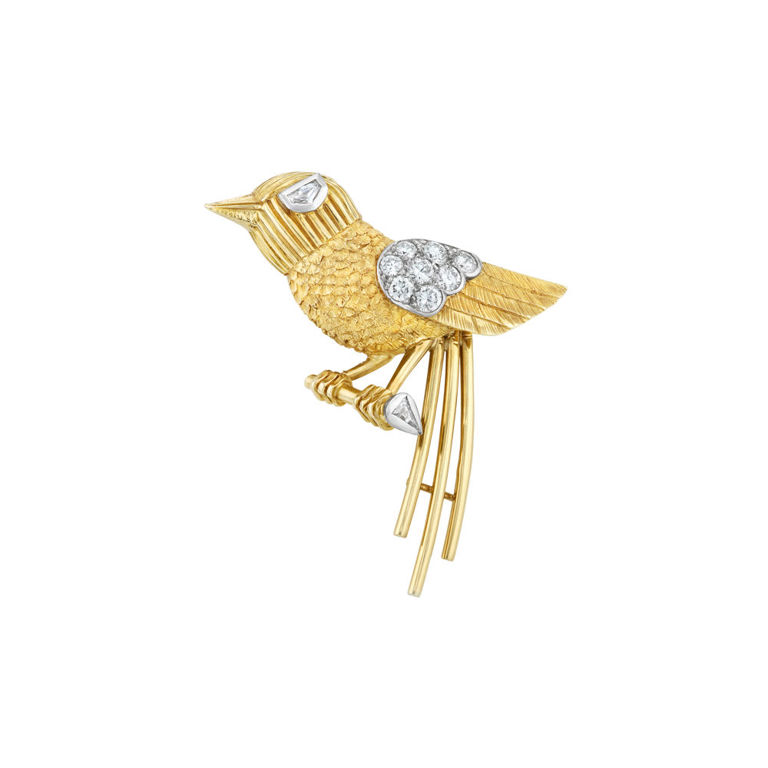 18k Yellow Gold and Platinum Diamond Bird Brooch