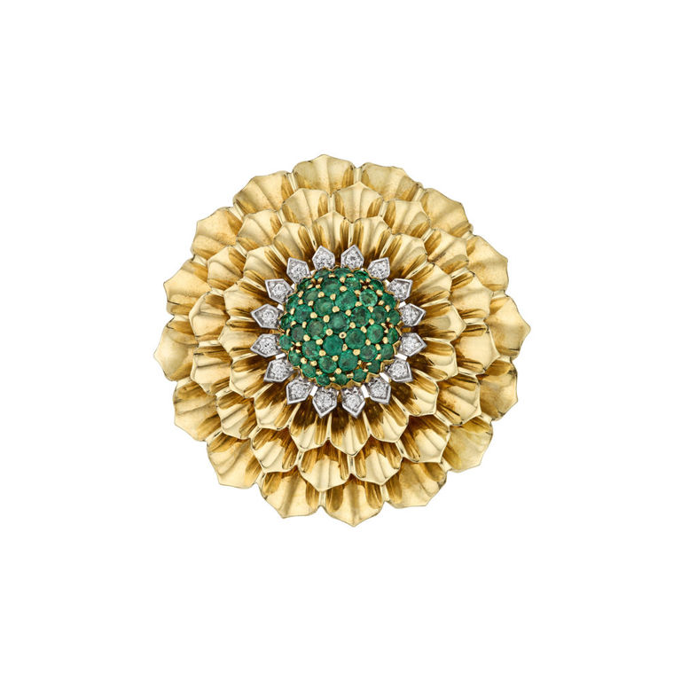 14k Gold and Platinum Emerald and Diamond Brooch