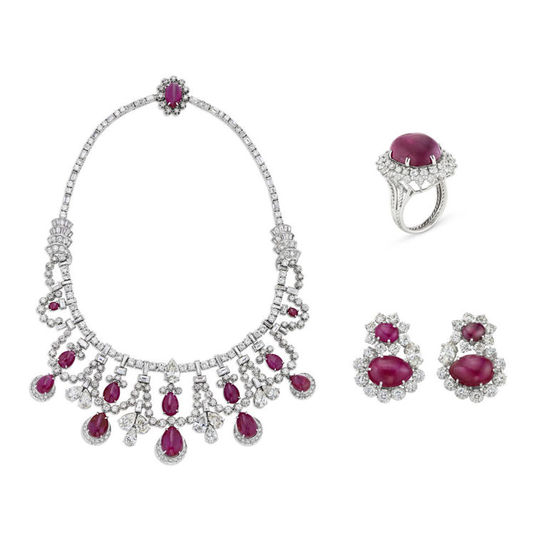 Platinum and 18k Gold Ruby and Diamond Jewelry Set