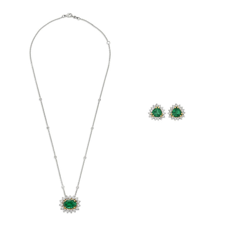 Platinum and Gold Emerald and Diamond Jewelry Set
