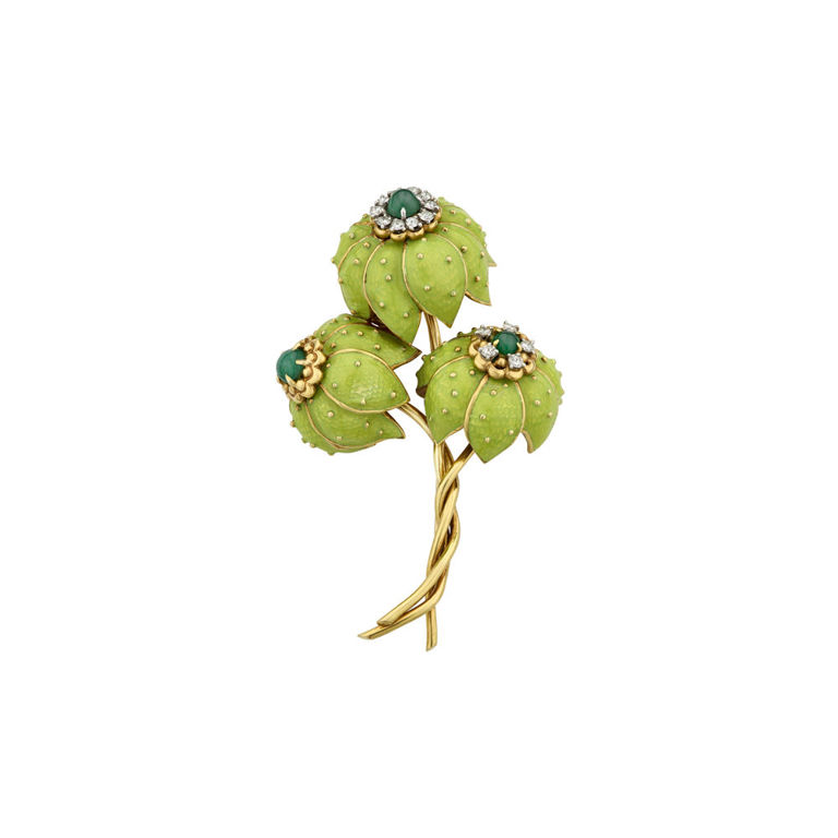 18k Gold and Platinum Gemstone Flower Brooch