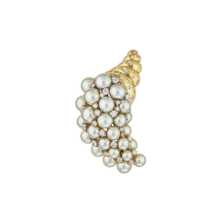 18k Gold Pearl and Diamond Cornucopia Brooch