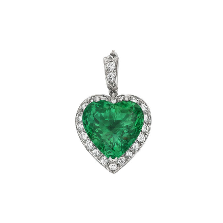Platinum Emerald and Diamond Heart Pendant