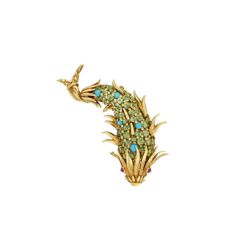 18k Yellow Gold Multi-Gem Dolphin Brooch