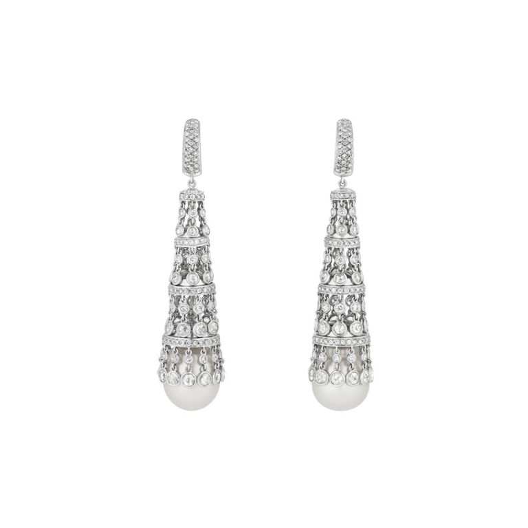 18k White Gold Pearl and Diamond Pendant Earrings