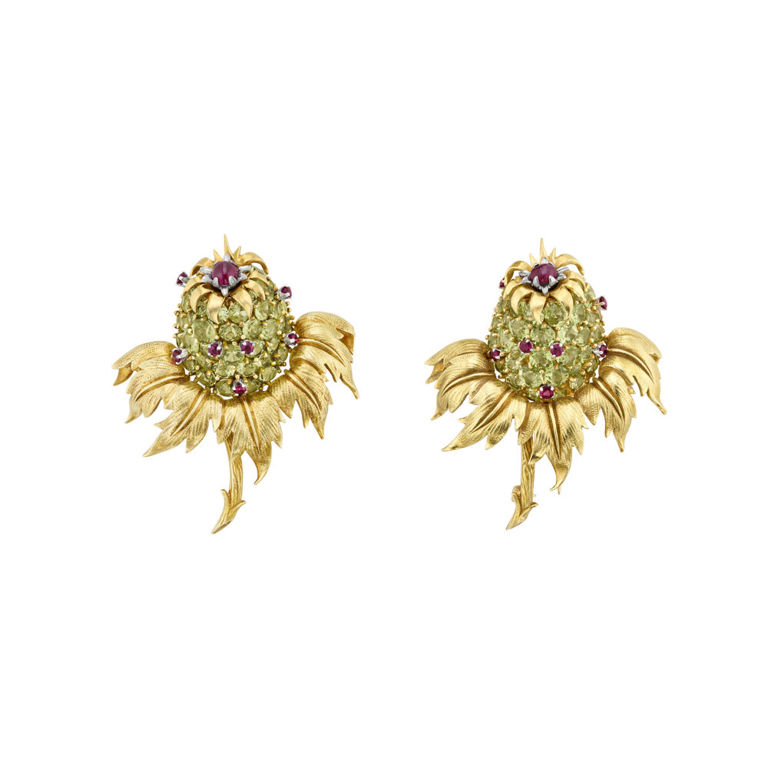 Two Gold and Platinum Peridot and Ruby Brooches