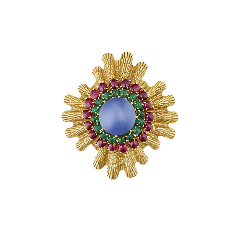 18k Yellow Gold Sapphire, Emerald and Ruby Brooch