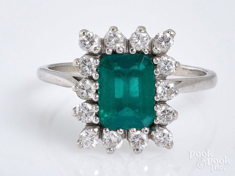 14k White Gold Emerald and Diamond Ring