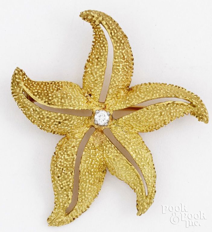 18k Yellow Gold Diamond Starfish Brooch