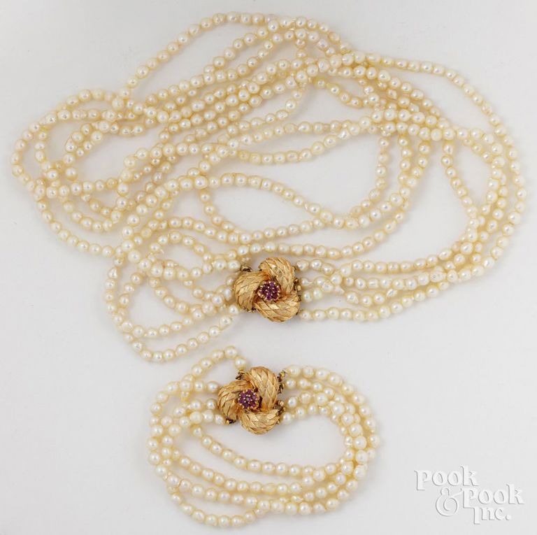 14k Gold Pearl and Ruby Necklace and Bracelet