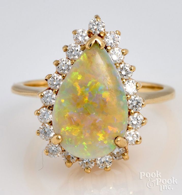 14k Yellow Gold Opal and Diamond Ring