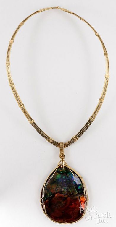 14k Gold Ammolite Pendant Necklace